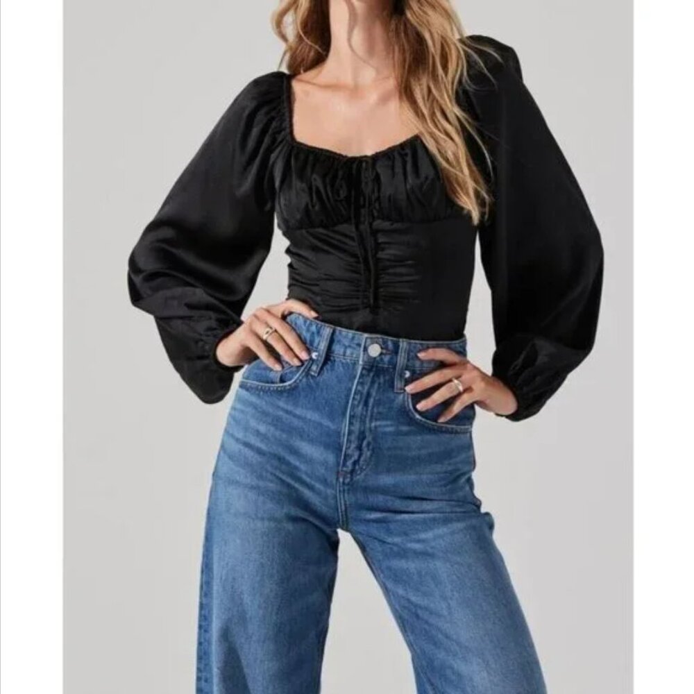 ASTR The Label Medium Womens Top Black Ruched Bustier Puff Sleeve Blouse NWT